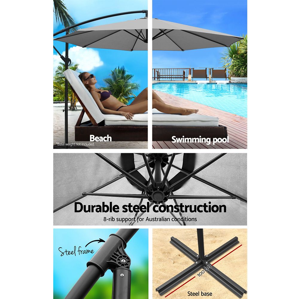 Instahut 3m Outdoor Umbrella Cantilever Beach Garden Patio Grey UMB-BAN-8RIB-GR