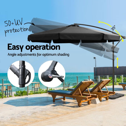 Instahut 3m Outdoor Umbrella w/Base Cantilever Garden Beach Patio Black UMB-BAN-F-50N-COM-BK