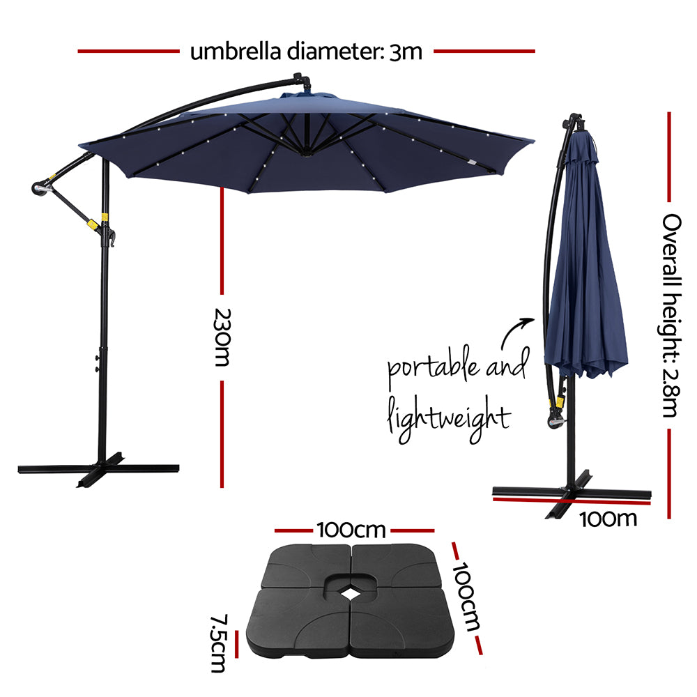 Instahut Outdoor Umbrella 3M Cantilever Beach LED w/Base Garden Shade Patio Navy UMB-BAN-LED-50N-NA