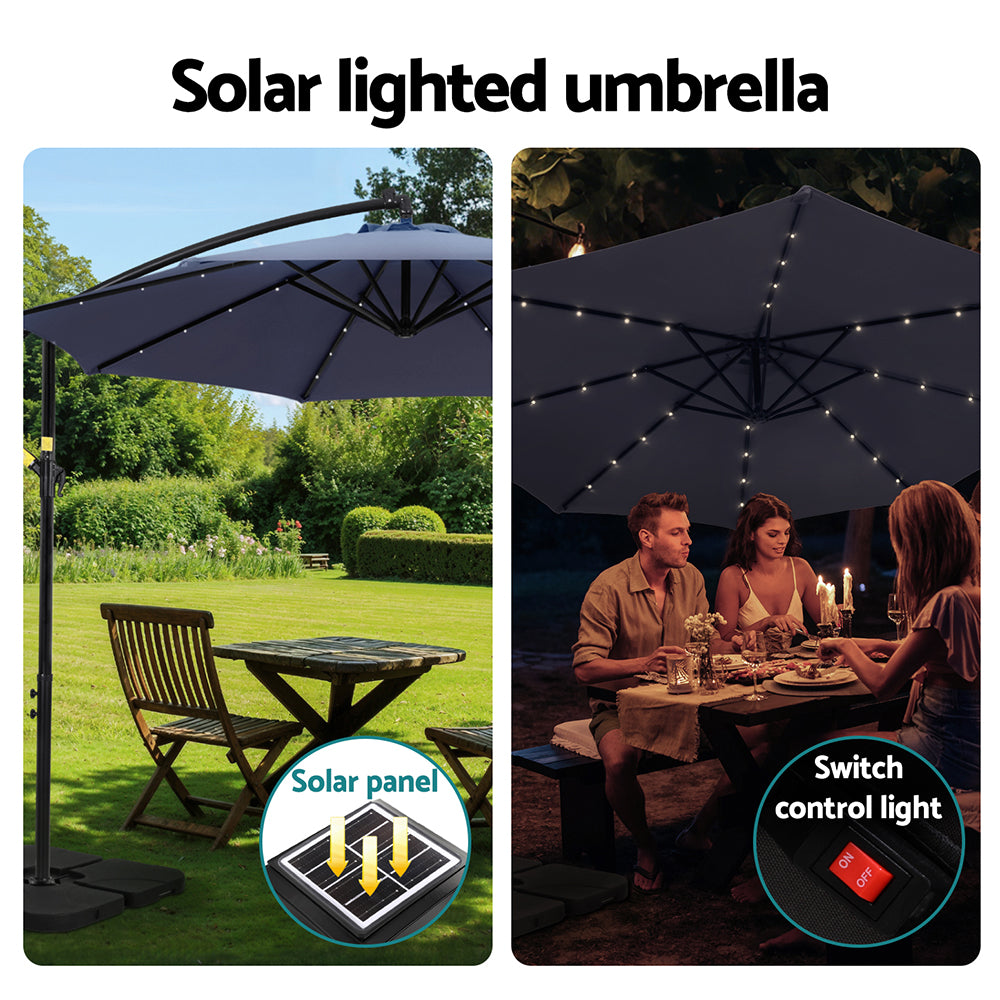 Instahut Outdoor Umbrella 3M Cantilever Beach LED w/Base Garden Shade Patio Navy UMB-BAN-LED-50N-NA