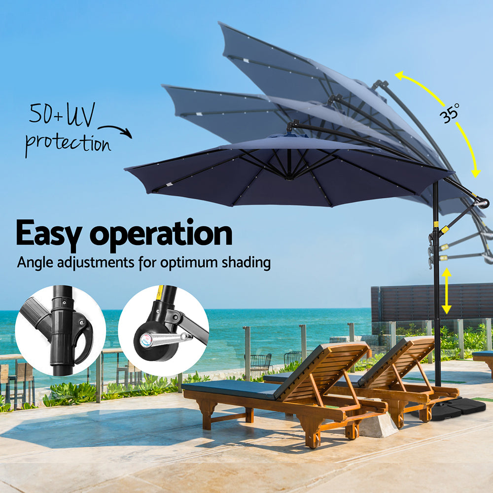 Instahut Outdoor Umbrella 3M Cantilever Beach LED w/Base Garden Shade Patio Navy UMB-BAN-LED-50N-NA
