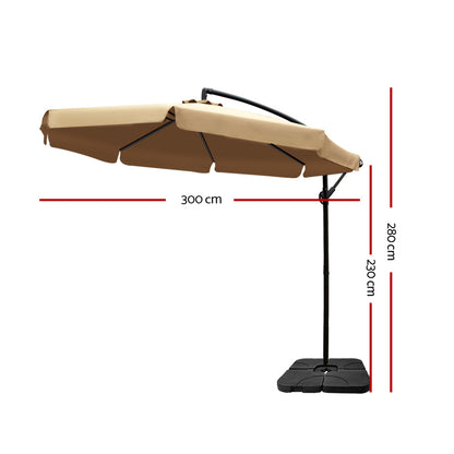 Instahut 3m Outdoor Umbrella w/Base Cantilever Garden Beach Patio Beige UMB-FLAT-50-COM-BG