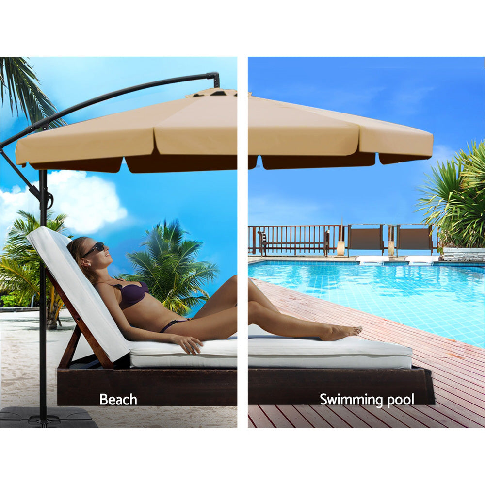 Instahut 3m Outdoor Umbrella w/Base Cantilever Garden Beach Patio Beige UMB-FLAT-50-COM-BG