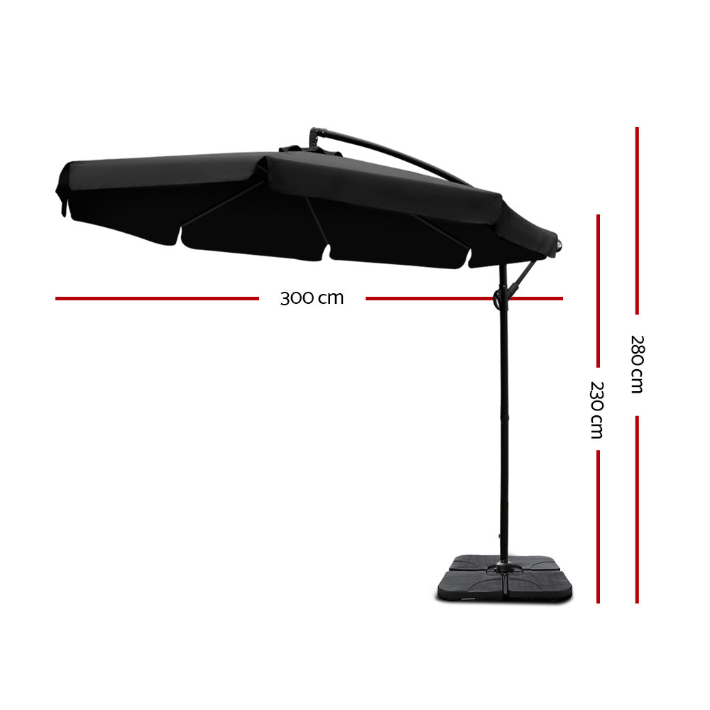 Instahut 3m Outdoor Umbrella w/Base Cantilever Garden Beach Patio Black UMB-FLAT-50-COM-BK