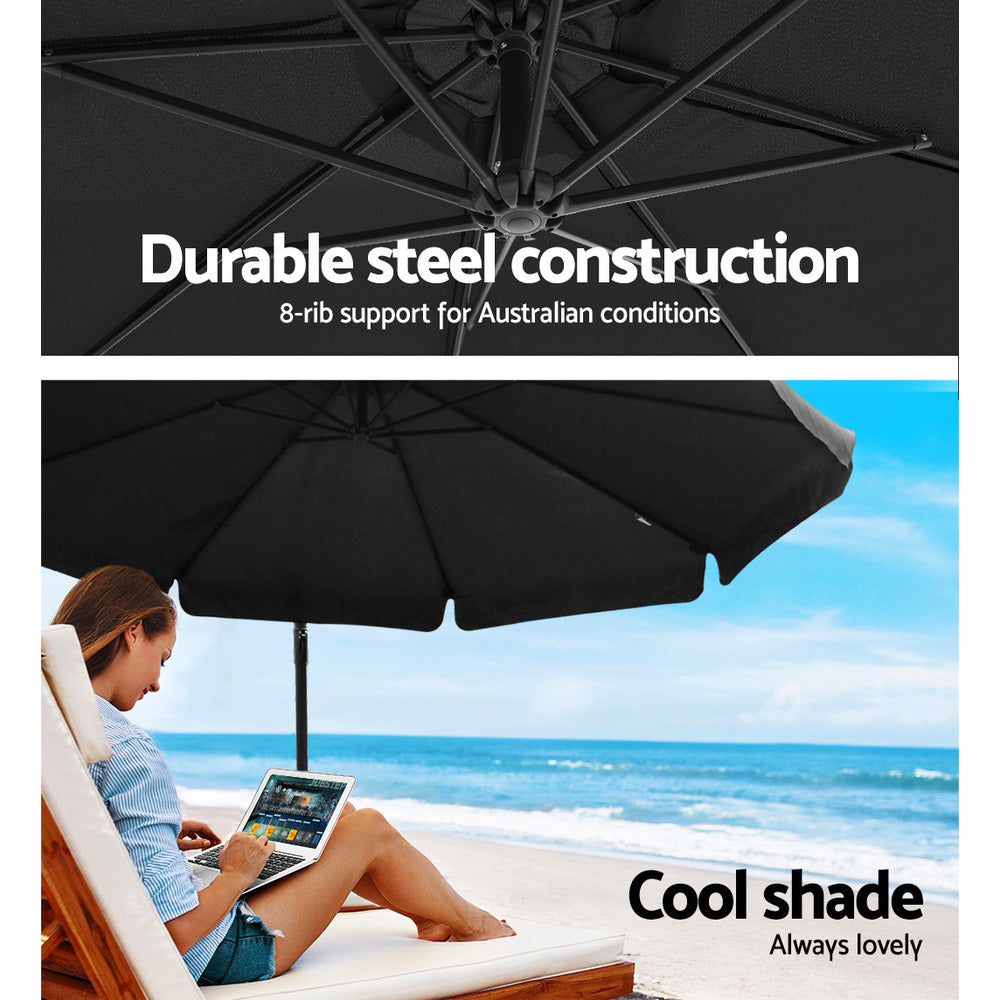 Instahut 3m Outdoor Umbrella w/Base Cantilever Garden Beach Patio Black UMB-FLAT-50-COM-BK