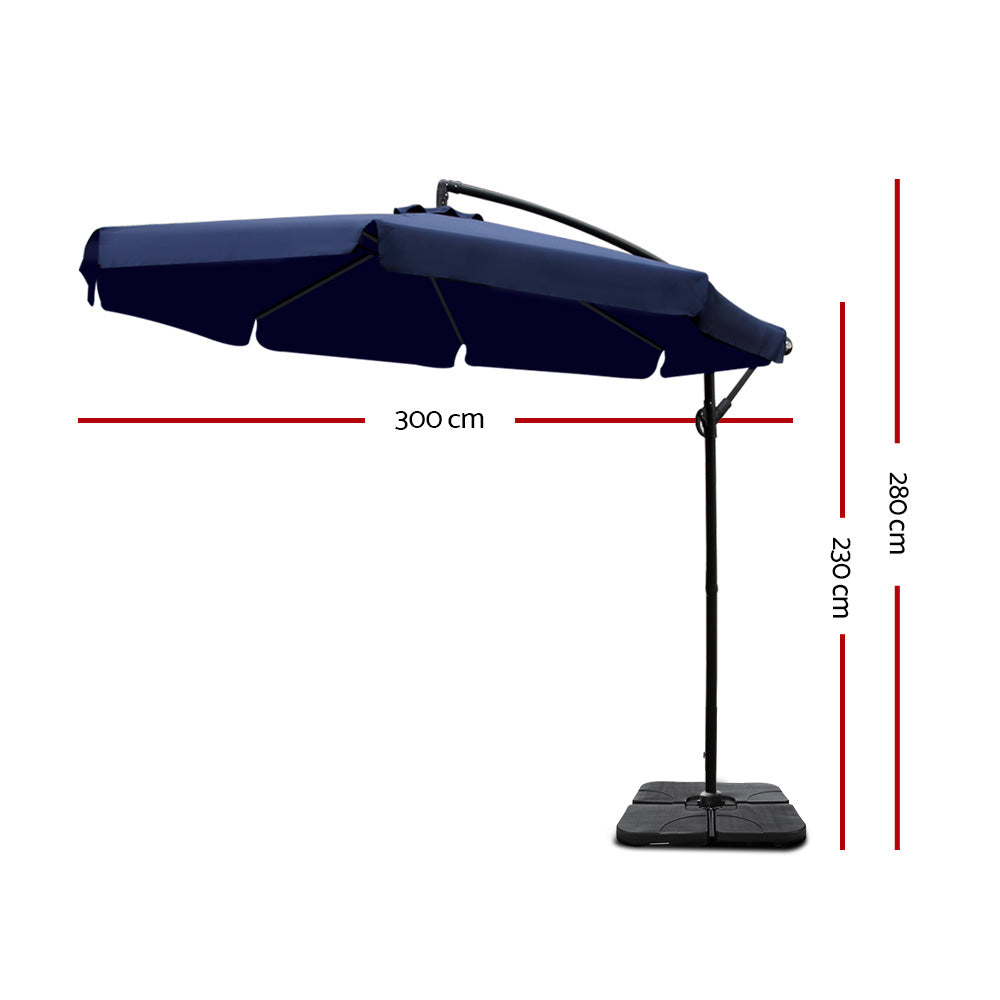 Instahut 3m Outdoor Umbrella w/Base Cantilever Garden Beach Patio Navy UMB-FLAT-50-COM-NA