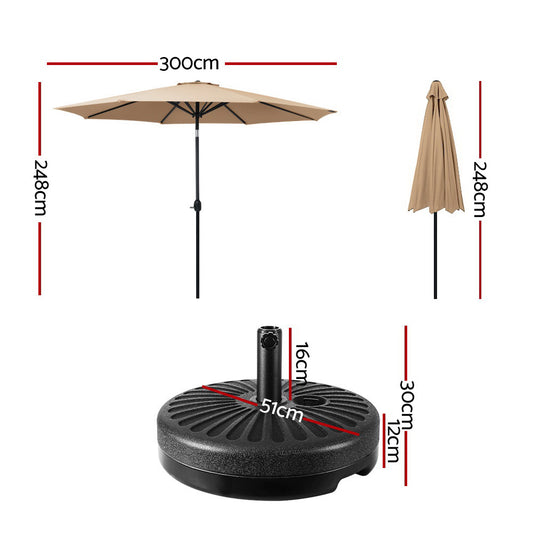 Instahut 3m Outdoor Umbrella w/Base Pole Tilt Beach Garden Patio Beige UMB-POLE-3-TIL-BASE-BG