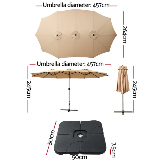 Instahut 4.57m Outdoor Umbrella w/Base Stand Beach Pole Garden Tilt Beige UMB-POLE-4-BASE-50N-BG