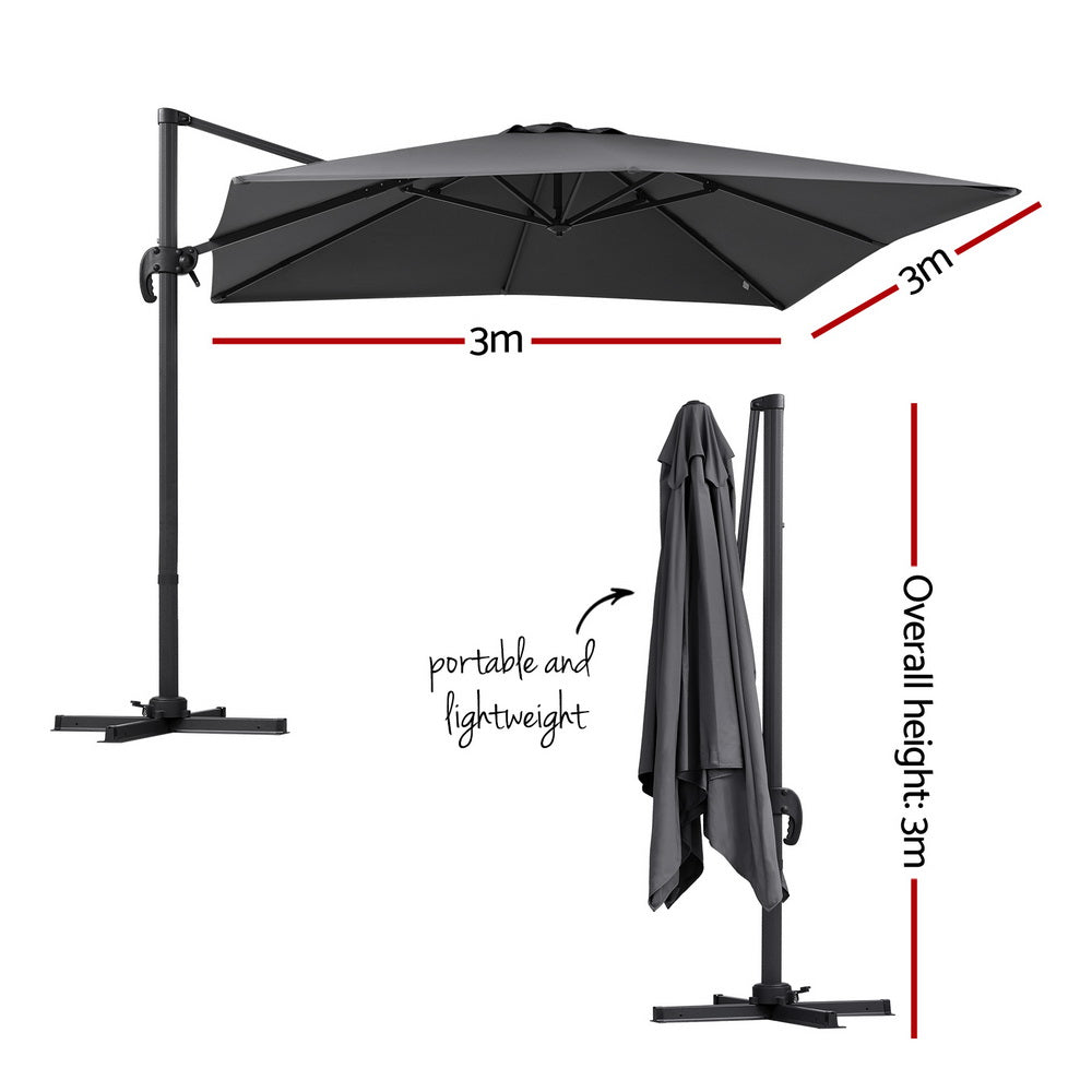 Instahut Outdoor Umbrella 3m Umbrellas Cantilever Stand Sun Roma 360 Degree Charcoal UMB-ROMA-5TIL-CO