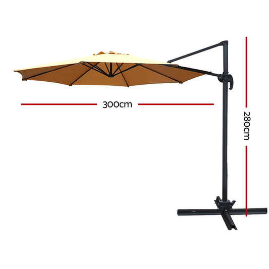 Instahut 3m Outdoor Umbrella Cantilever 360 Degree Tilt Beach Roma Beige UMB-ROMA-8RIB-BG