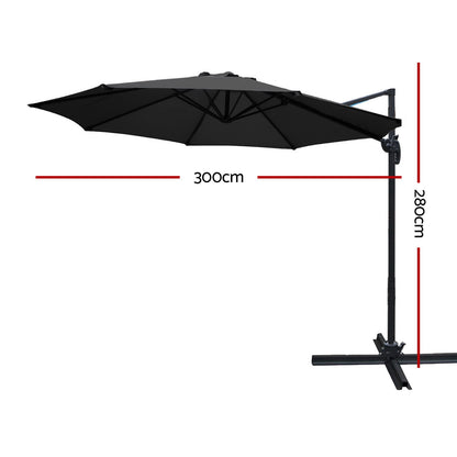Instahut 3m Outdoor Umbrella Cantilever 360 Degree Tilt Beach Roma Black UMB-ROMA-8RIB-BK