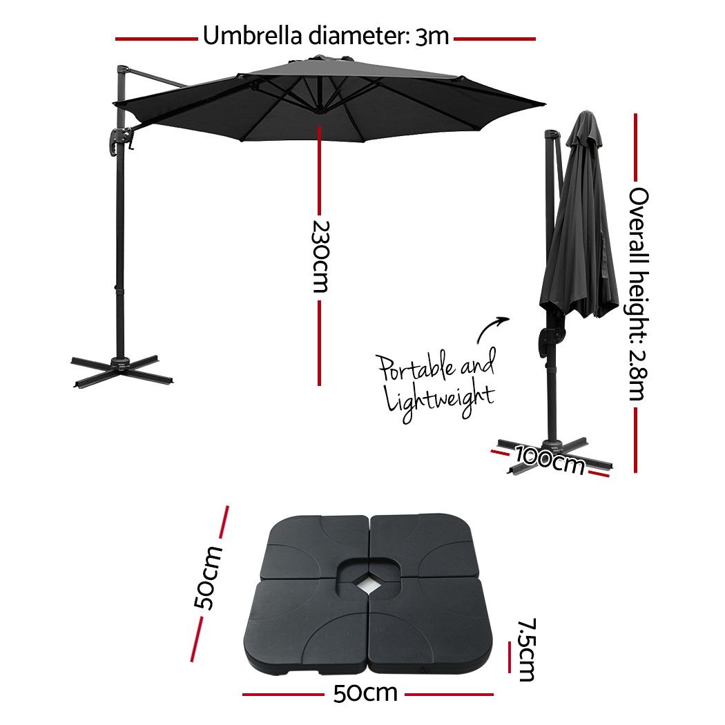 Instahut 3m Outdoor Umbrella w/Base Cantilever Beach Roma 360 Degree Tilt Black UMB-ROMA-BASE-50N-BK
