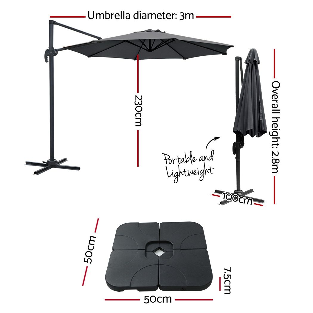 Instahut 3m Outdoor Umbrella w/Base Cantilever Beach Roma 360 Degree Tilt Charcoal UMB-ROMA-BASE-50N-CO