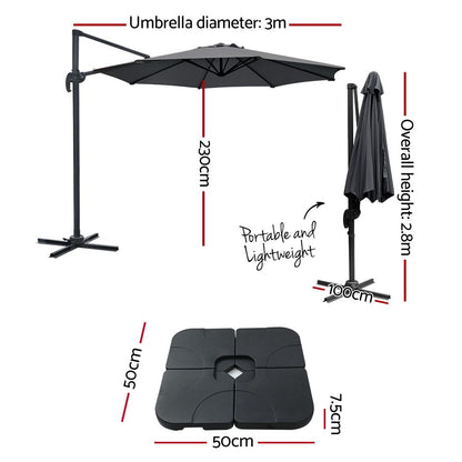 Instahut 3m Outdoor Umbrella w/Base Cantilever Beach Roma 360 Degree Tilt Charcoal UMB-ROMA-BASE-50N-CO