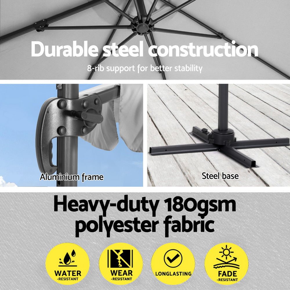 Instahut 3m Outdoor Umbrella Cantilever 360 Degree Tilt Beach Roma Grey UMB-ROMA-F-8RIB-GR