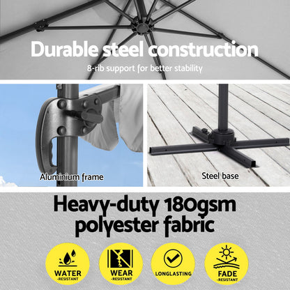 Instahut 3m Outdoor Umbrella Cantilever 360 Degree Tilt Beach Roma Grey UMB-ROMA-F-8RIB-GR