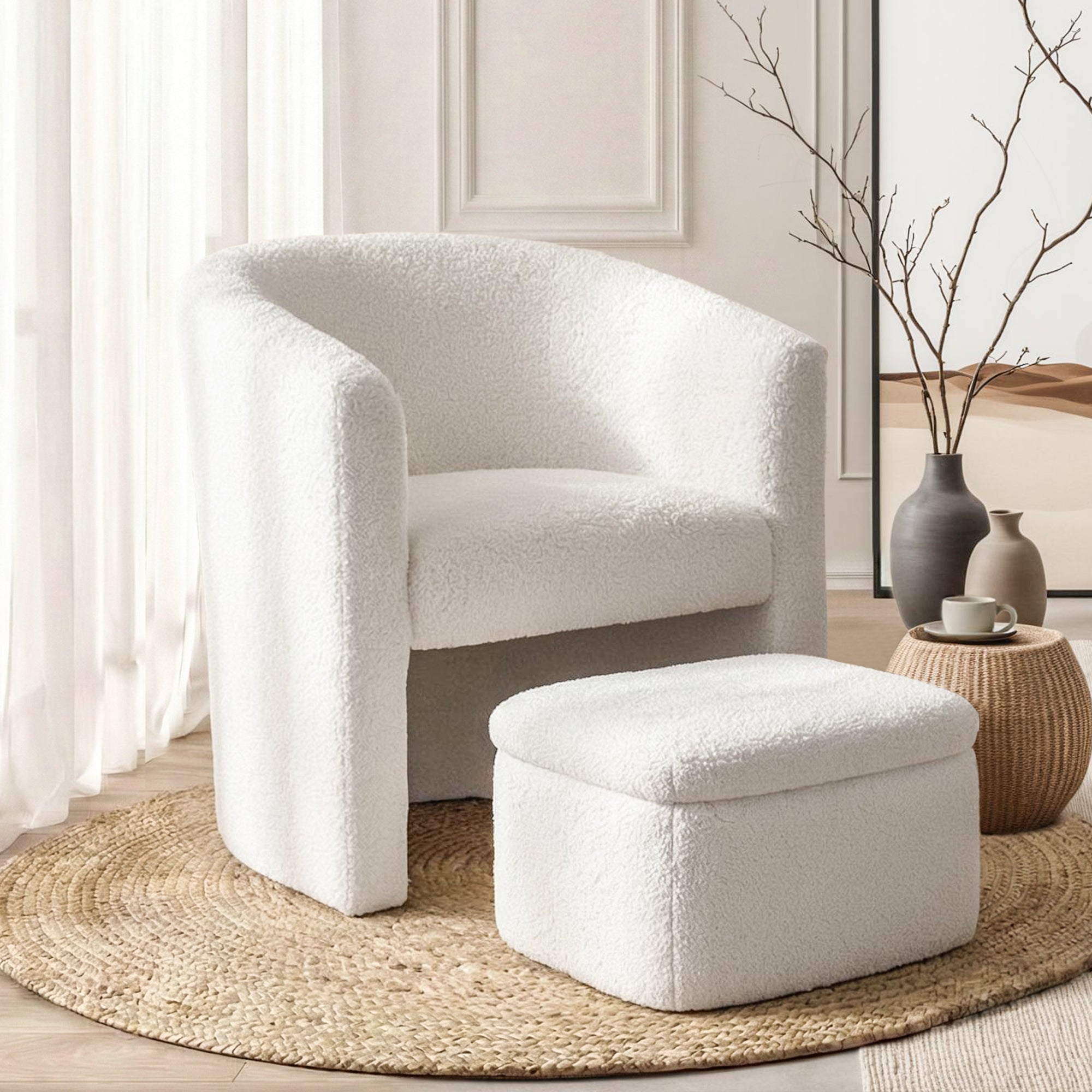 Artiss Armchair Accent Chair w/Ottoman Lounge Footrest Storage Boucle White UPHO-B-ARM01-FS-BG