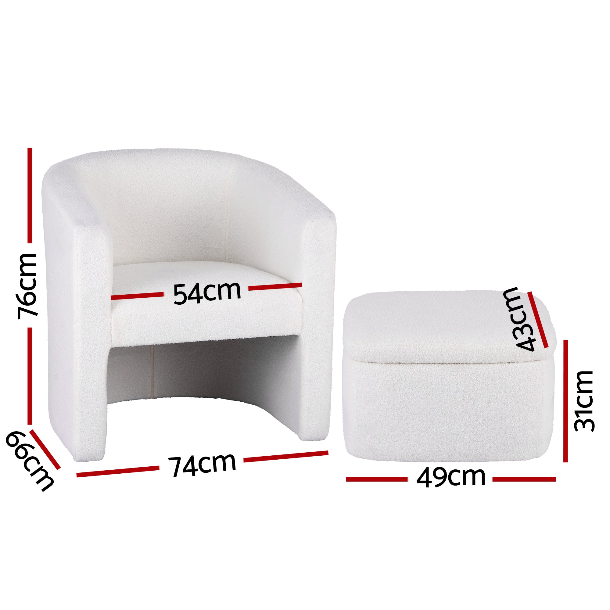Artiss Armchair Accent Chair w/Ottoman Lounge Footrest Storage Boucle White UPHO-B-ARM01-FS-BG