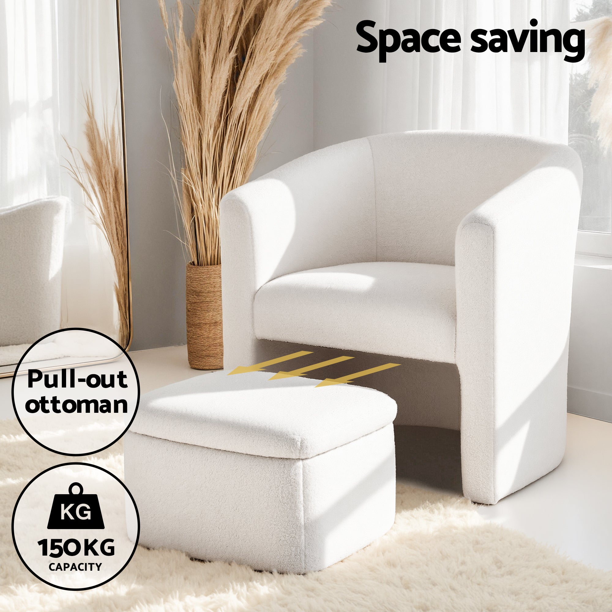 Artiss Armchair Accent Chair w/Ottoman Lounge Footrest Storage Boucle White UPHO-B-ARM01-FS-BG