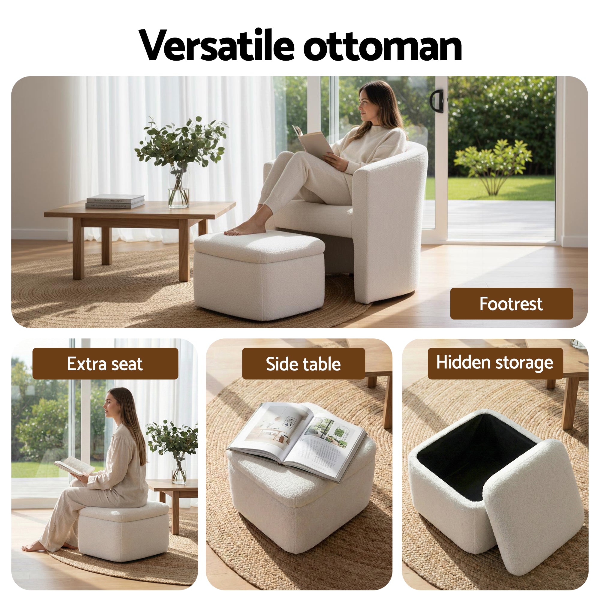 Artiss Armchair Accent Chair w/Ottoman Lounge Footrest Storage Boucle White UPHO-B-ARM01-FS-BG