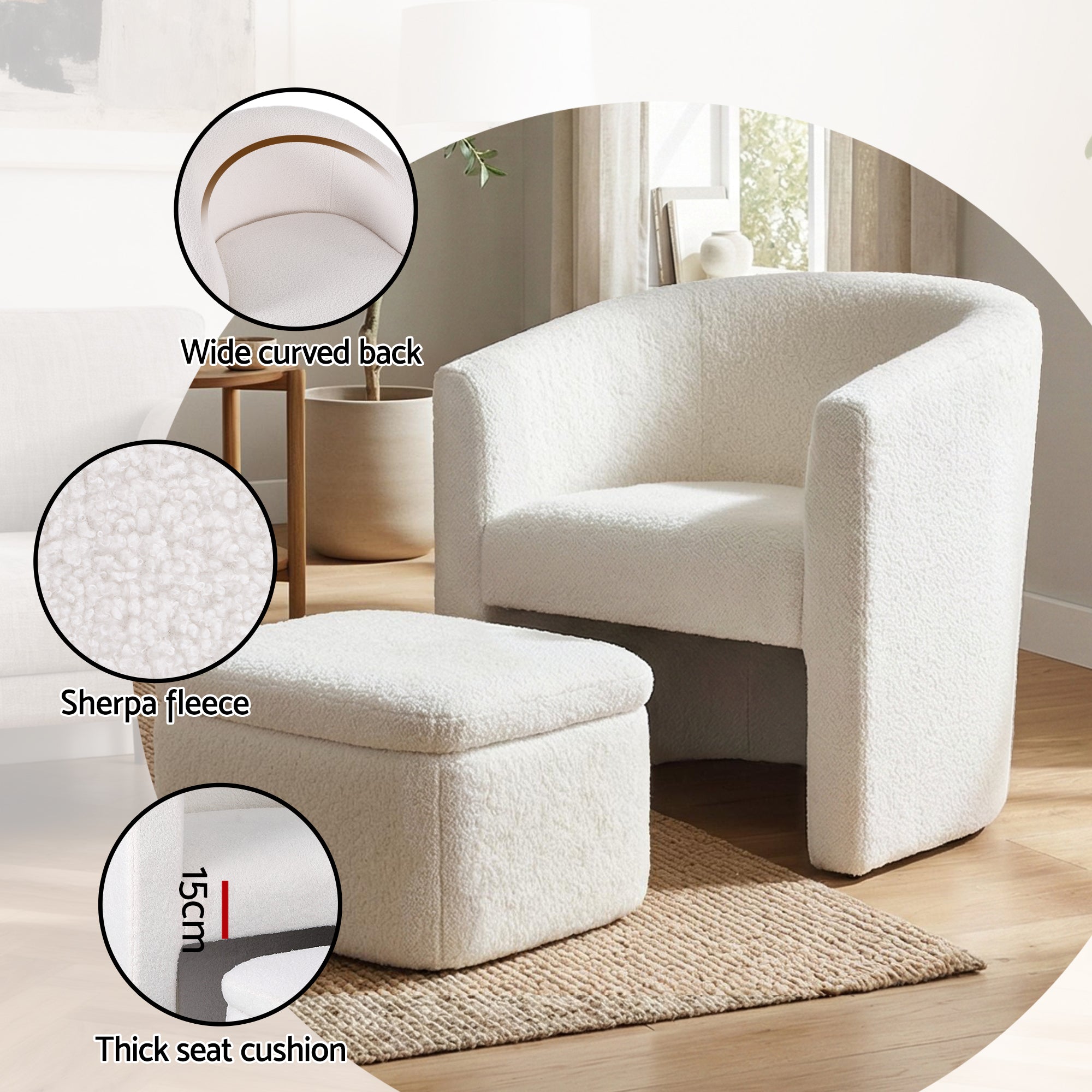Artiss Armchair Accent Chair w/Ottoman Lounge Footrest Storage Boucle White UPHO-B-ARM01-FS-BG