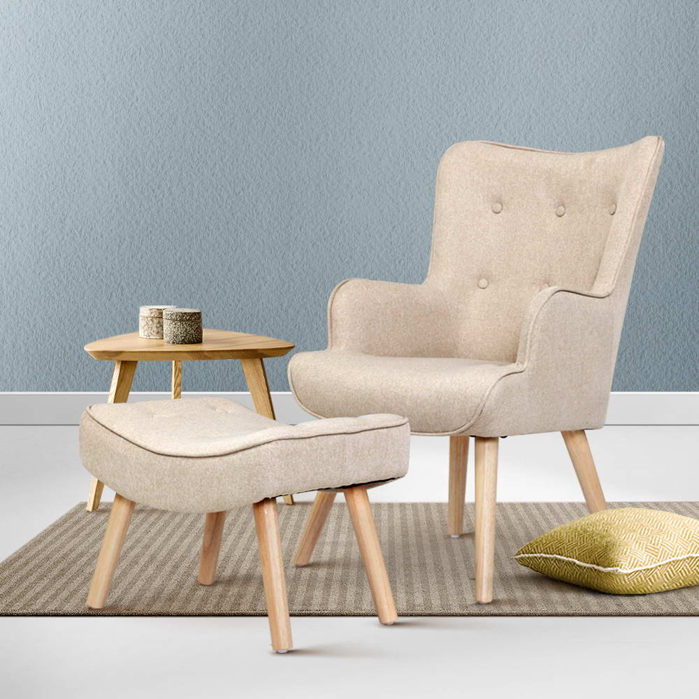Artiss Armchair Set with Ottoman Beige Lansar UPHO-B-ARM05STO-BG