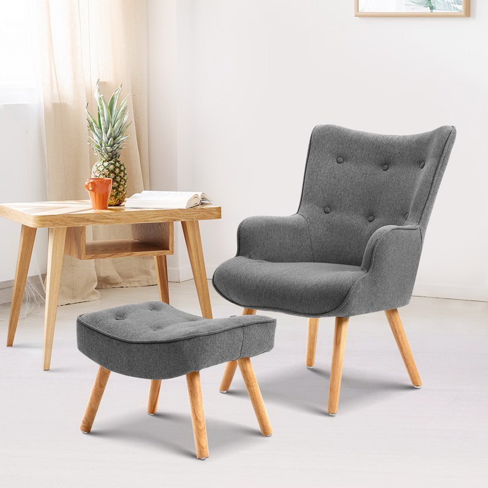 Artiss Armchair Set with Ottoman Grey Lansar UPHO-B-ARM05STO-GY