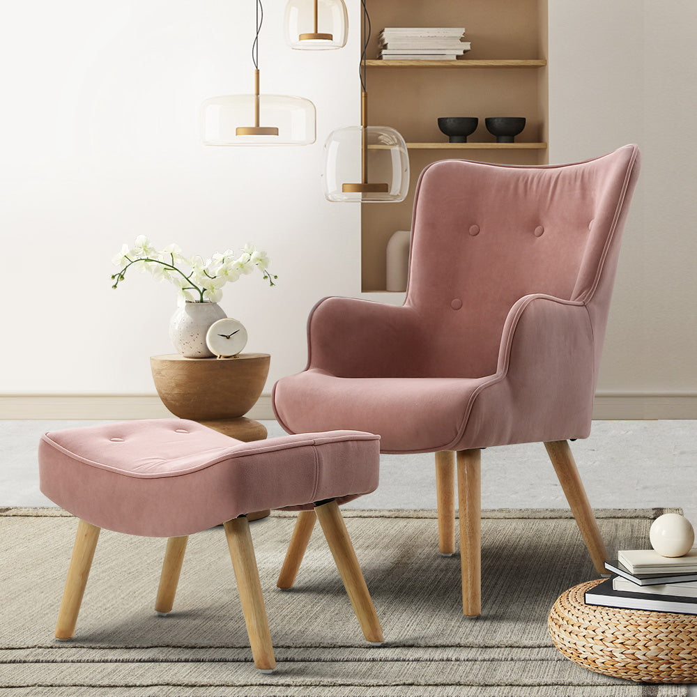 Artiss Armchair Set with Ottoman Pink Lansar UPHO-B-ARM05STO-PK