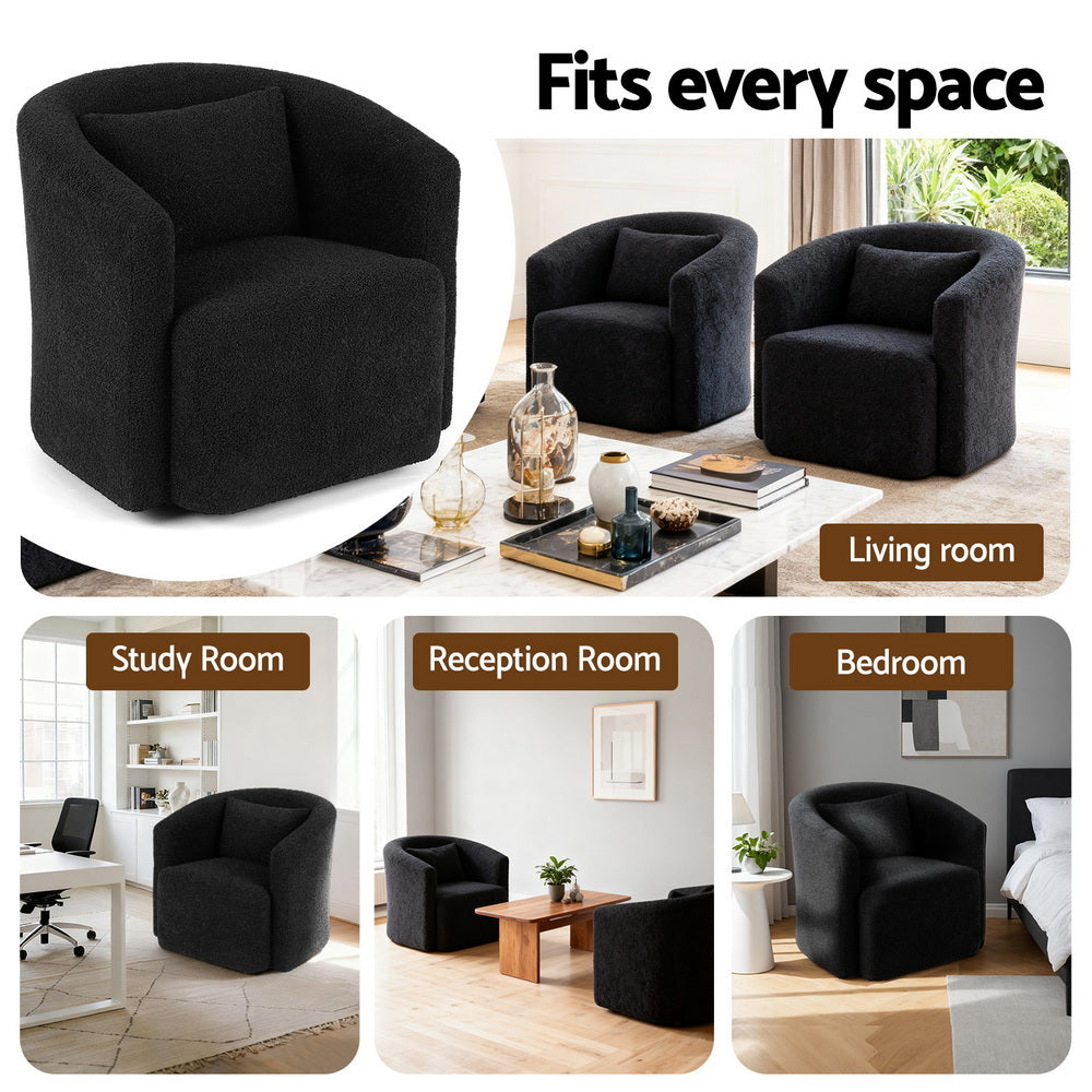 Artiss Round Swivel Armchair Sherpa Fleece Black UPHO-B-ARM10-SWL-BK