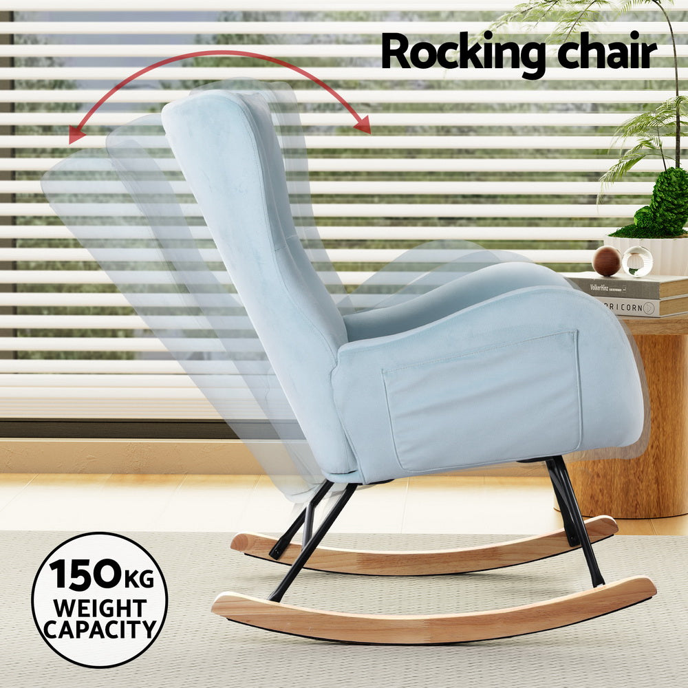 Artiss Rocking Chair Armchair Pillow Velvet Blue UPHO-B-ROCK01-VEL-GN