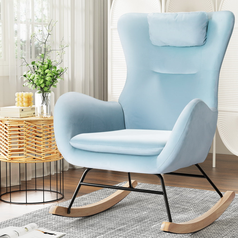 Artiss Rocking Chair Armchair Pillow Velvet Blue UPHO-B-ROCK01-VEL-GN