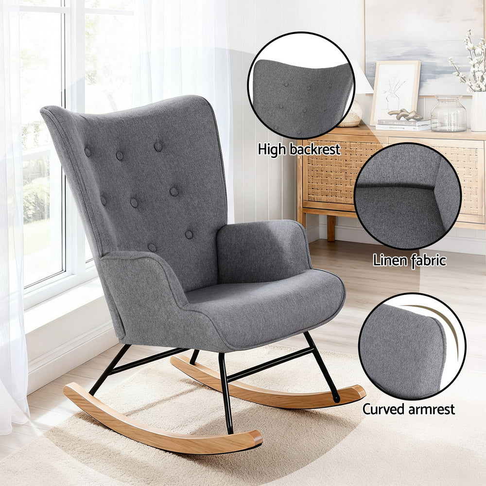Artiss Rocking Armchair Nursing Chair Linen Fabric Grey UPHO-B-ROCK02-LIN-GY
