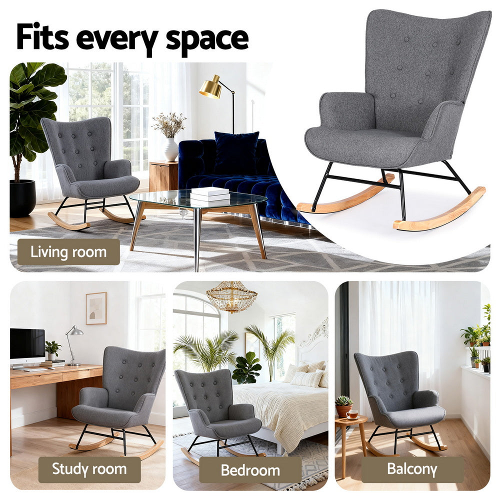 Artiss Rocking Armchair Nursing Chair Linen Fabric Grey UPHO-B-ROCK02-LIN-GY