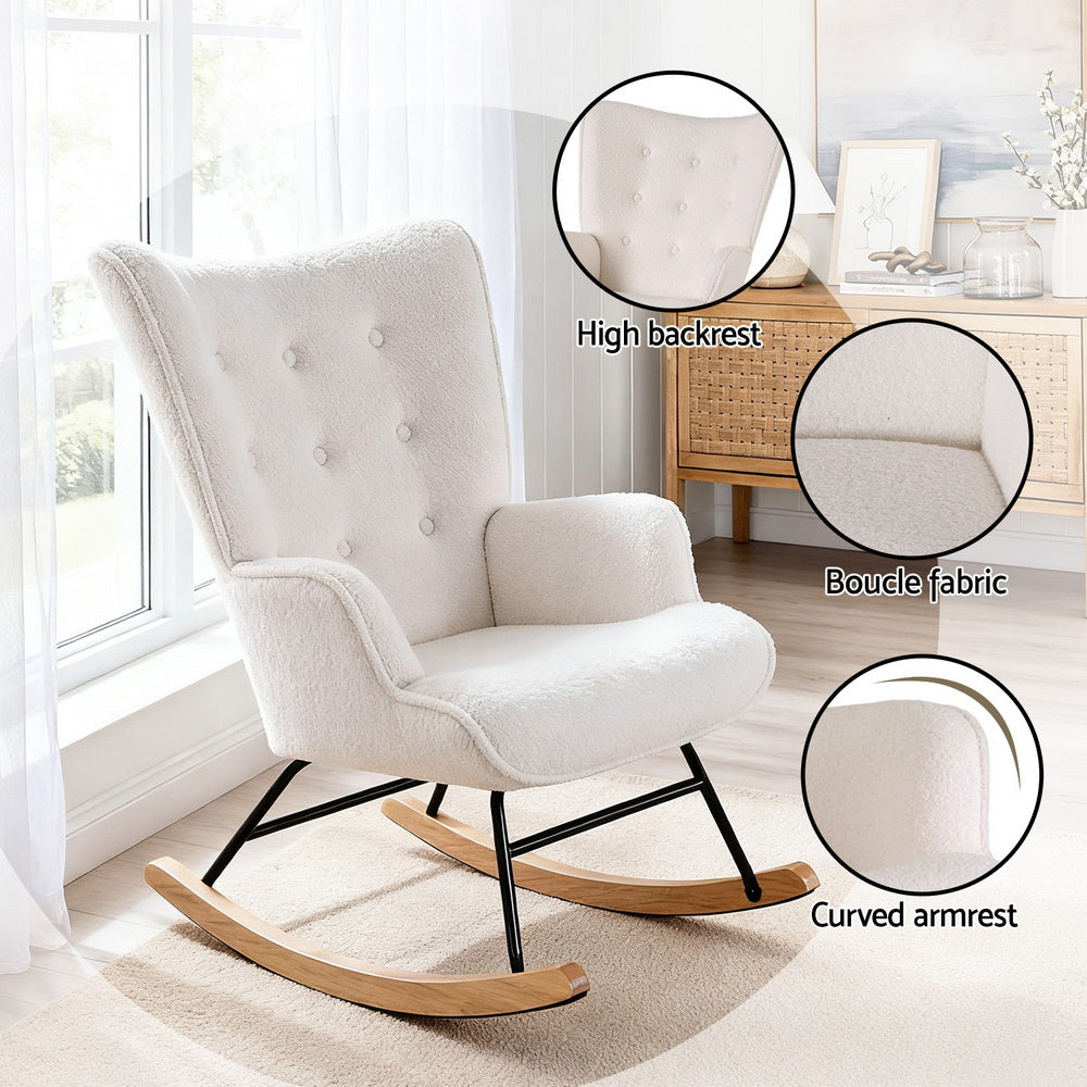 Artiss Rocking Armchair Nursing Chair Boucle Fabric White UPHO-B-ROCK02-LIN-WH