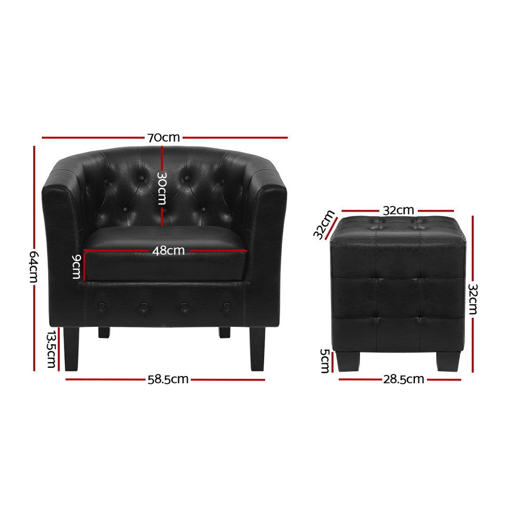 Artiss Armchair Set with Ottoman Black Ava UPHO-B-TUB02-FS-PU-BK