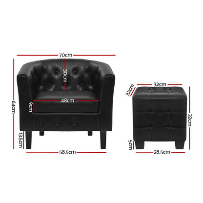 Artiss Armchair Set with Ottoman Black Ava UPHO-B-TUB02-FS-PU-BK