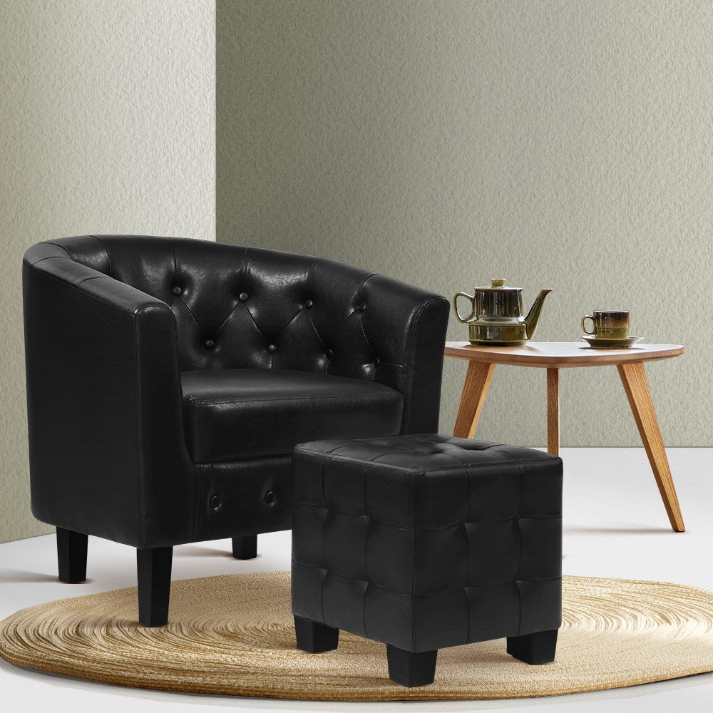 Artiss Armchair Set with Ottoman Black Ava UPHO-B-TUB02-FS-PU-BK