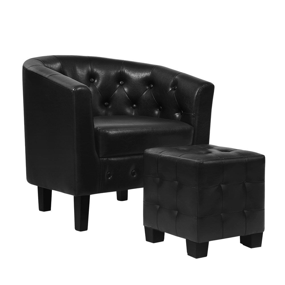 Artiss Armchair Set with Ottoman Black Ava UPHO-B-TUB02-FS-PU-BK