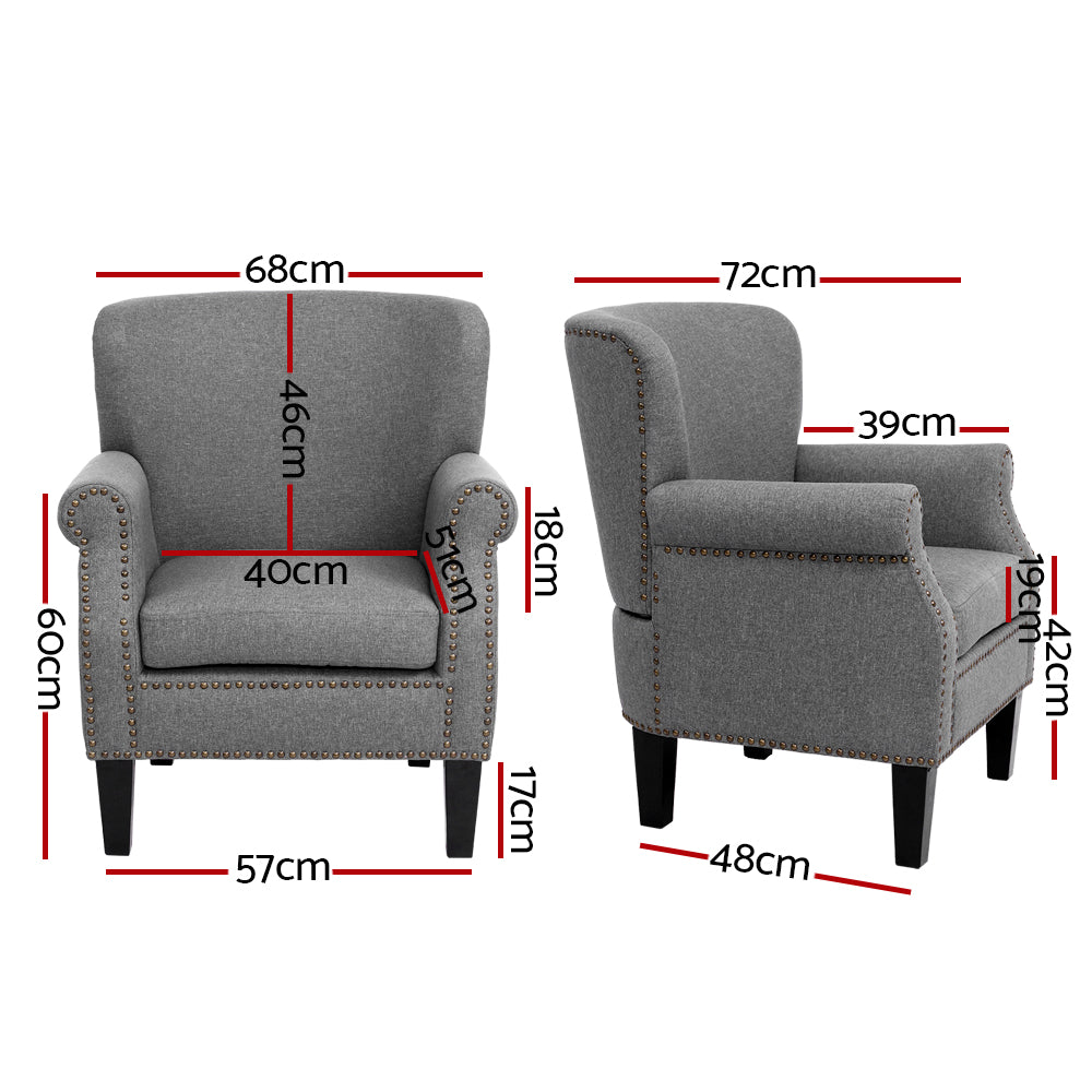 Artiss Armchair Accent Chair Retro Armchairs Lounge Accent Chair Single Sofa Linen Fabric Seat Grey UPHO-C-8083-GY