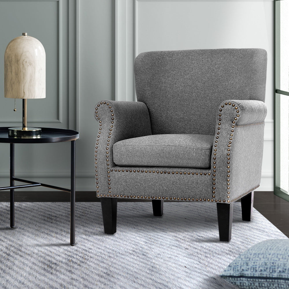 Artiss Armchair Accent Chair Retro Armchairs Lounge Accent Chair Single Sofa Linen Fabric Seat Grey UPHO-C-8083-GY