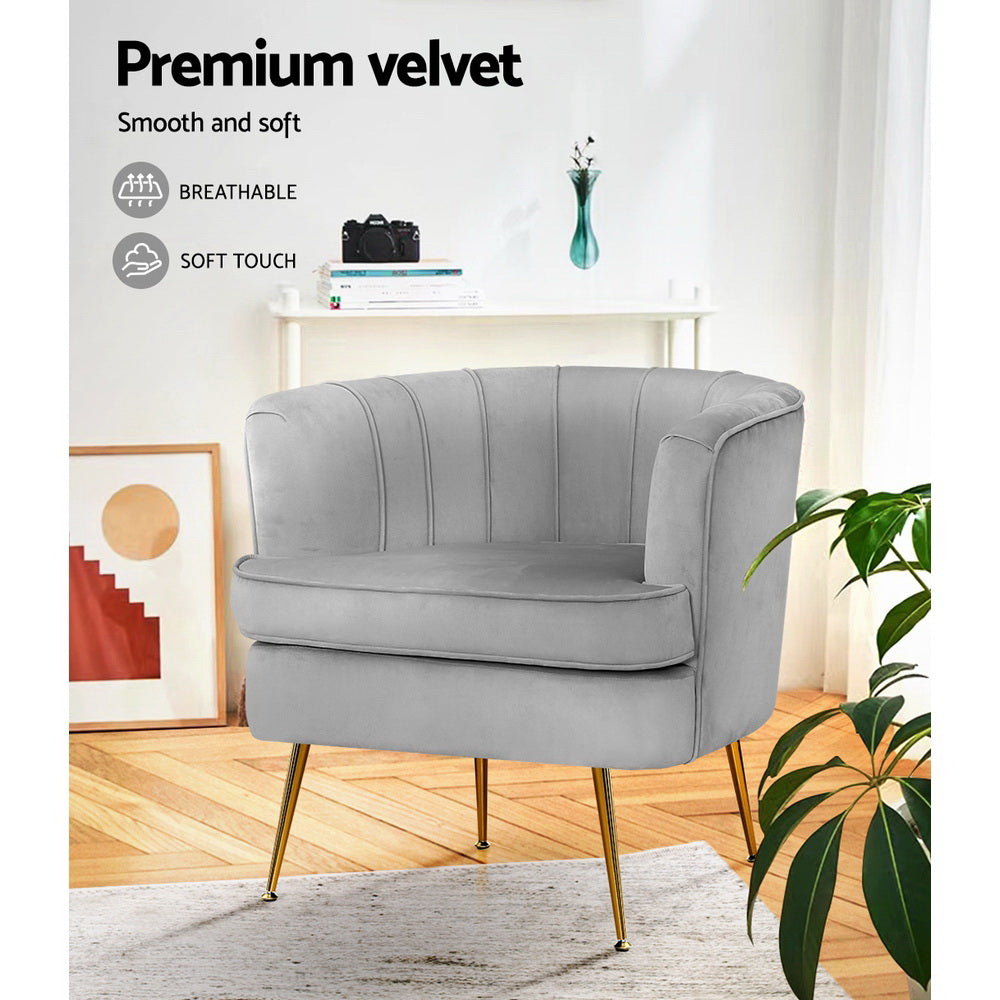 Artiss Armchair Lounge Accent Chair Armchairs Sofa Chairs Velvet Grey Couch UPHO-C-ARM-5108-GY