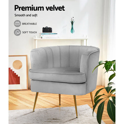 Artiss Armchair Lounge Accent Chair Armchairs Sofa Chairs Velvet Grey Couch UPHO-C-ARM-5108-GY