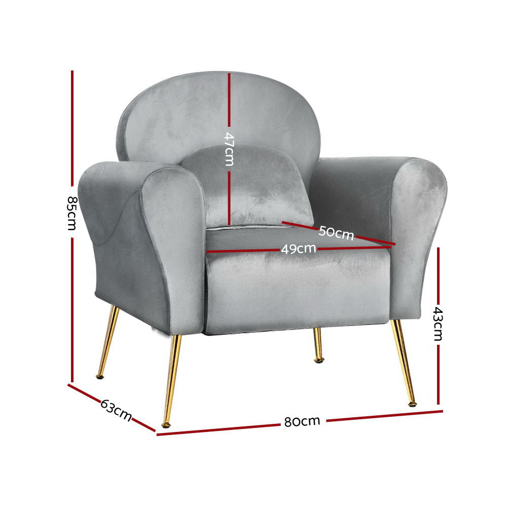 Artiss Armchair Lounge Chair Accent Armchairs Chairs Sofa Grey Velvet Cushion UPHO-C-ARM-8026-GY