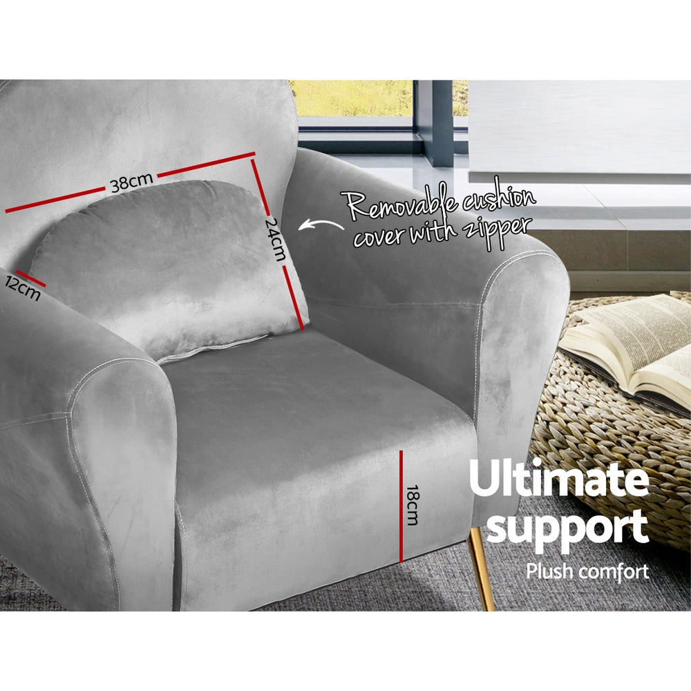 Artiss Armchair Lounge Chair Accent Armchairs Chairs Sofa Grey Velvet Cushion UPHO-C-ARM-8026-GY