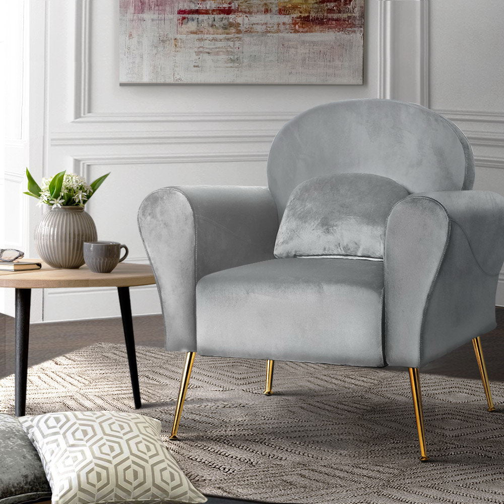 Artiss Armchair Lounge Chair Accent Armchairs Chairs Sofa Grey Velvet Cushion UPHO-C-ARM-8026-GY
