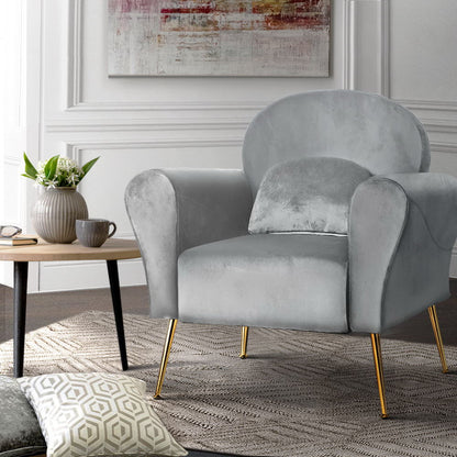 Artiss Armchair Lounge Chair Accent Armchairs Chairs Sofa Grey Velvet Cushion UPHO-C-ARM-8026-GY
