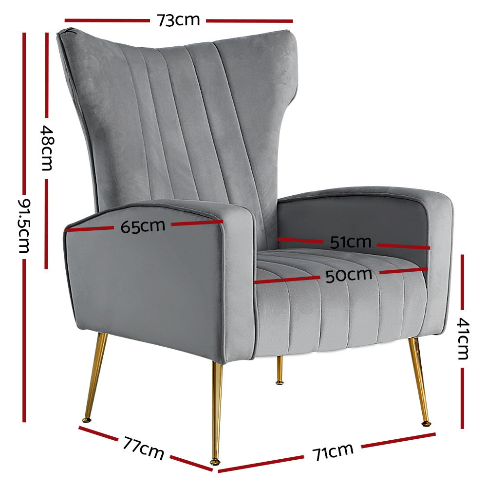 Artiss Armchair Grey Velvet Kate UPHO-C-ARM-8035-GY