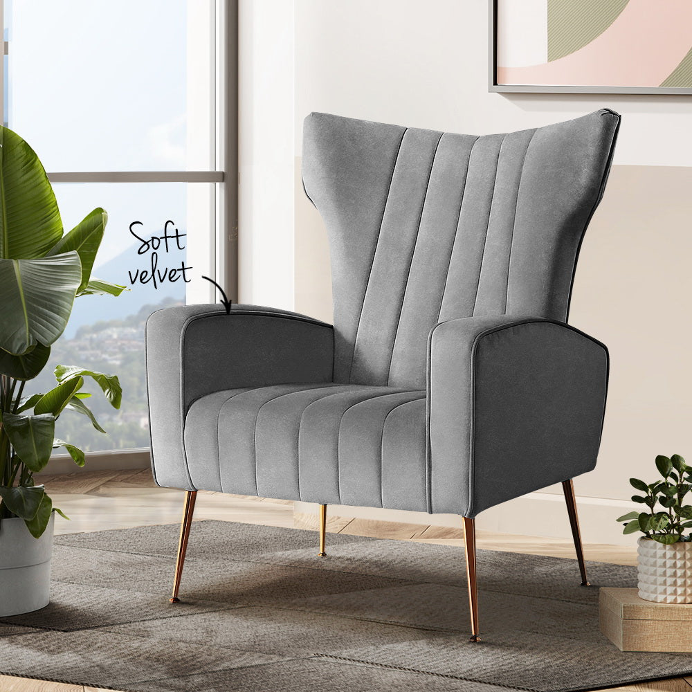 Artiss Armchair Grey Velvet Kate UPHO-C-ARM-8035-GY