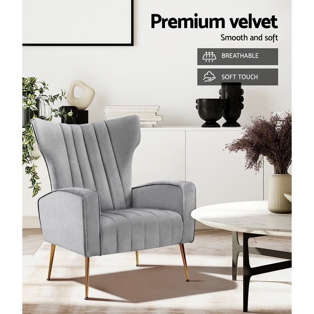 Artiss Armchair Grey Velvet Kate UPHO-C-ARM-8035-GY
