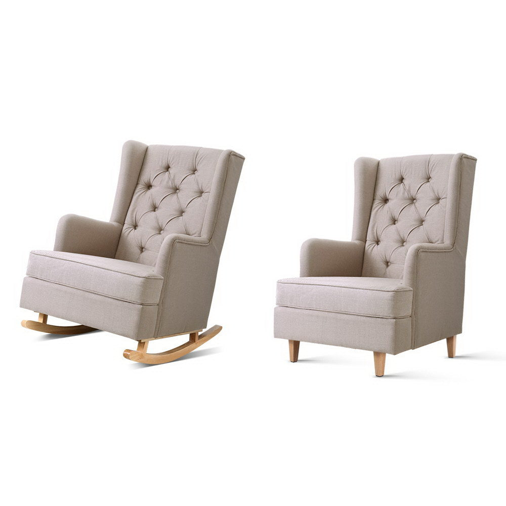 Artiss Rocking Chair Armchair Linen Fabric Beige Gaia UPHO-C-AVAN-KD-BG-AB